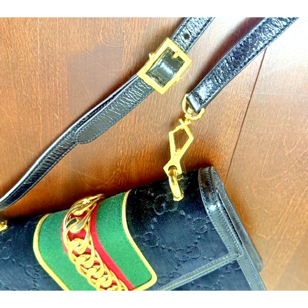 Gucci Black Gold GG Monogram Velvet Sylvie Small Shoulder Crossbody Bag GORGEOUS - Picture 10 of 16